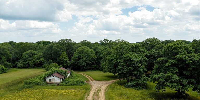 Rural Arkansas land with old house and overgrown grass