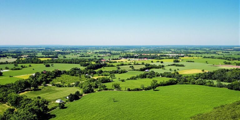 Aerial view of green Arkansas farmland and distant hills