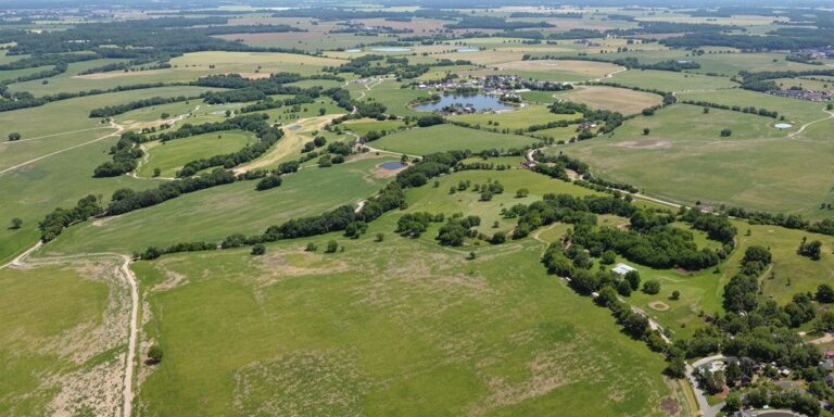 Aerial view of green Arkansas land with fields and trees.
