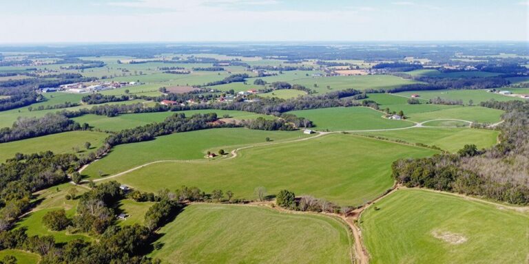Aerial landscape of Arkansas countryside with farms and fields.