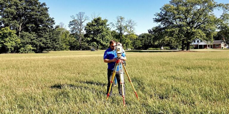 Land surveyor and agent measuring Arkansas land boundaries