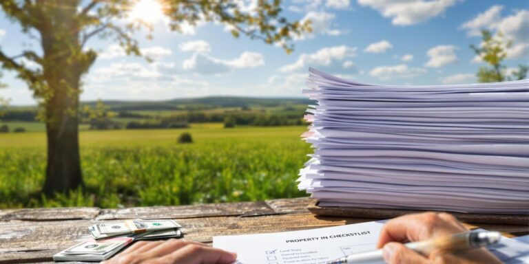 Arkansas land, organized property documents, hand on checklist, cash stack.